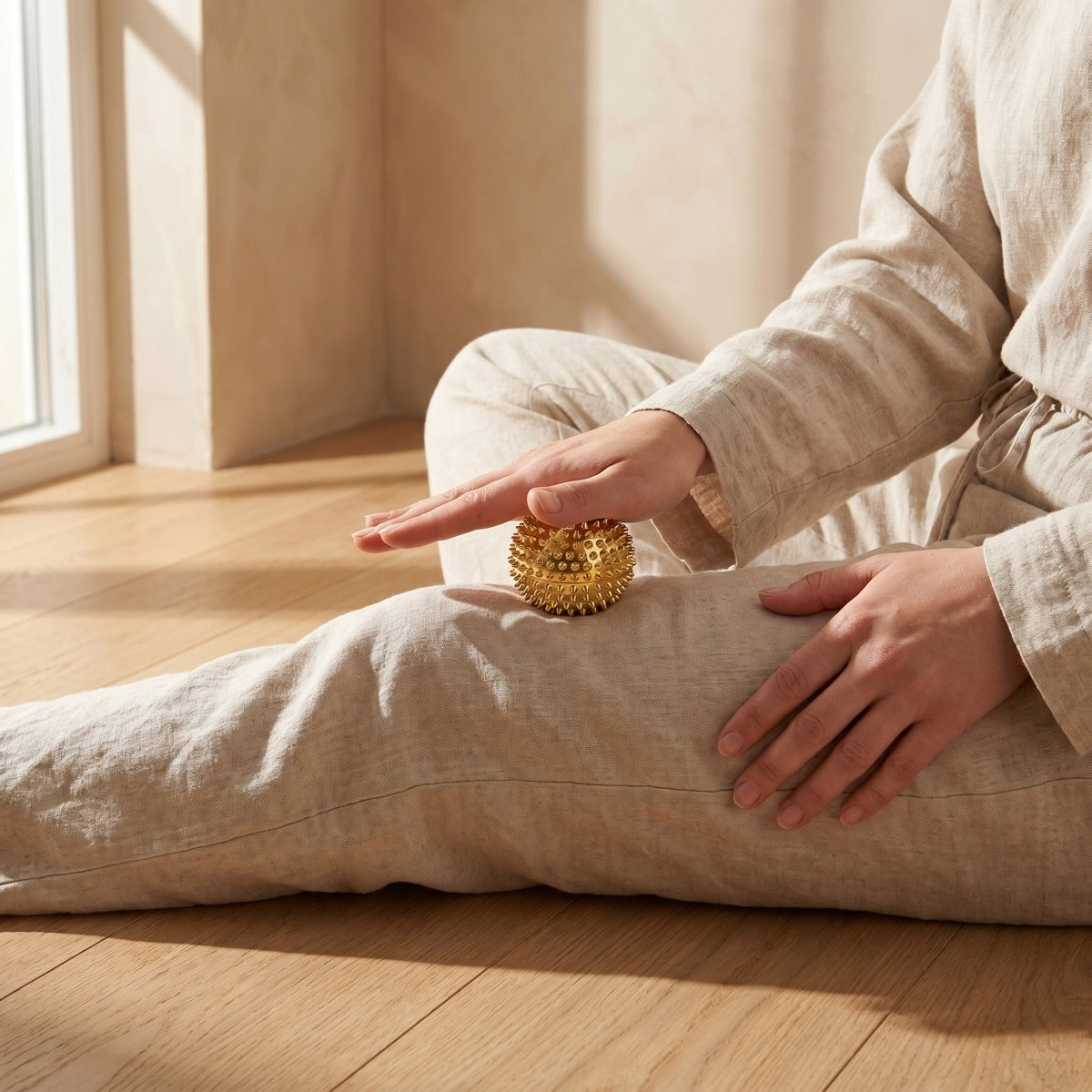 Rolling a gold acupressure massage ball under the palm — a calm moment of release