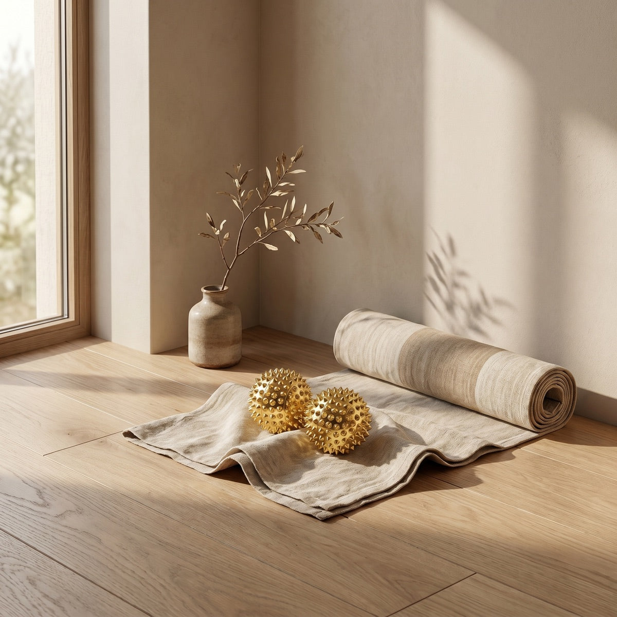Two gold acupressure massage balls on linen beside a rolled mat — a daily recovery corner