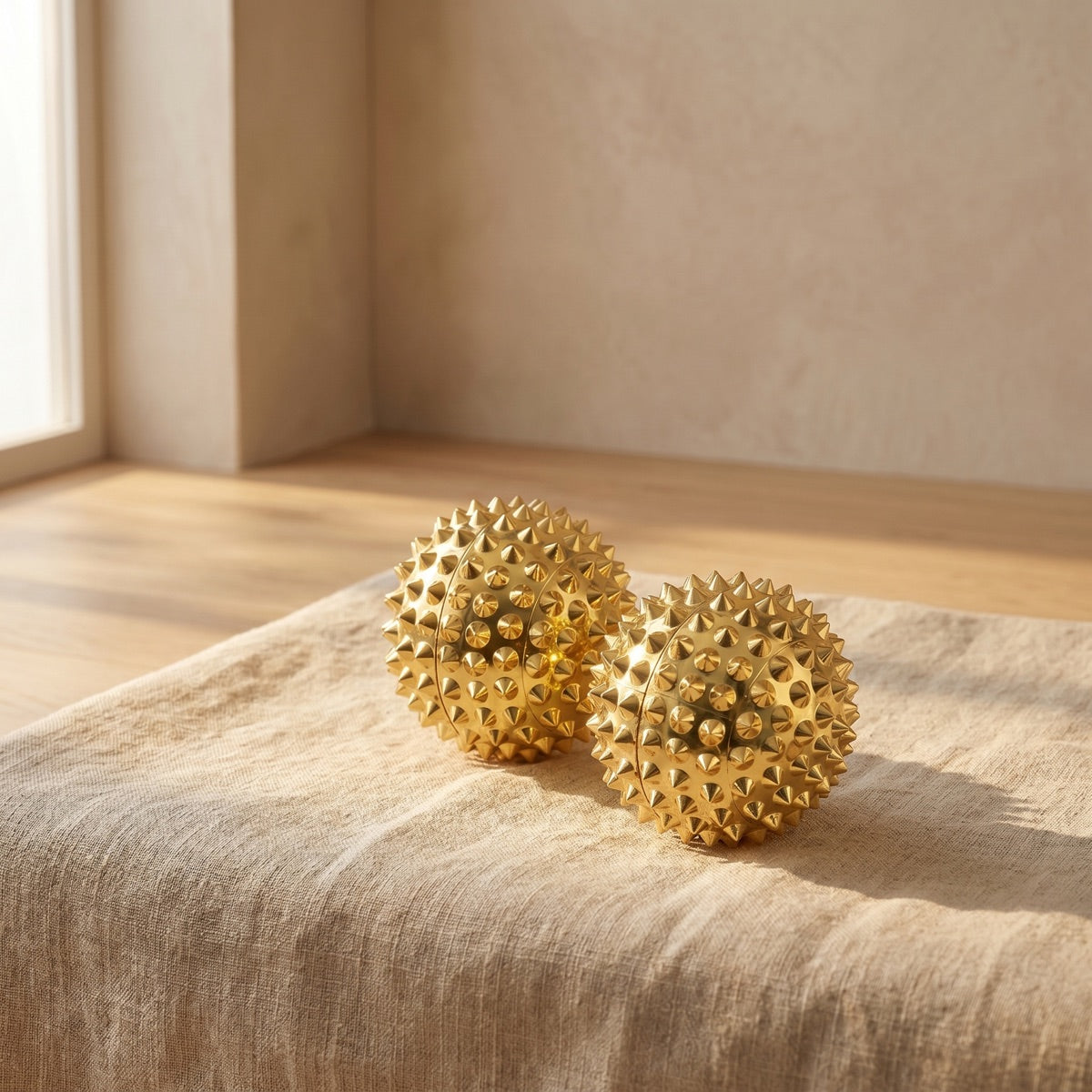 Serene still life of two gold acupressure massage balls on linen in warm light