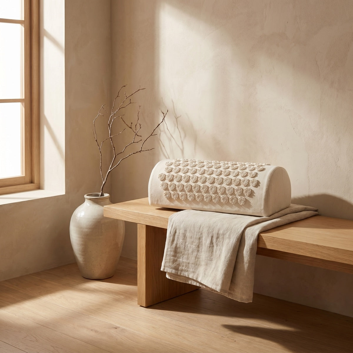 Restora mini acupressure bolster pillow on an oak bench — a calm recovery corner