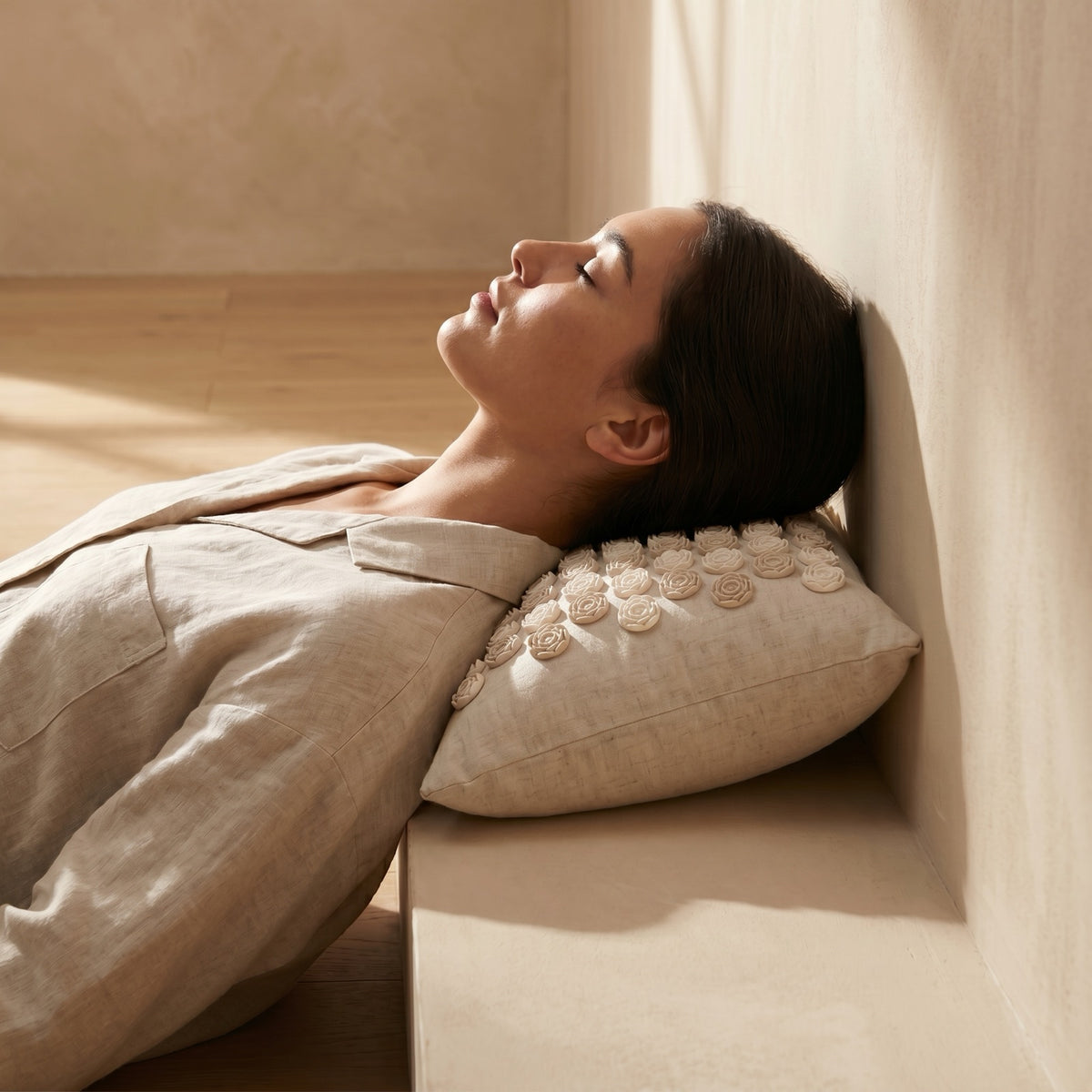 Restora premium acupressure pillow supporting the neck against a wall