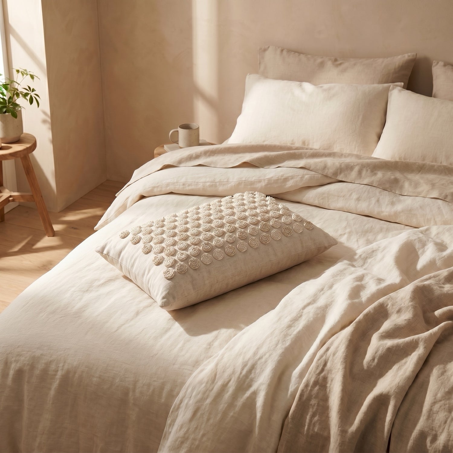 Restora premium acupressure pillow on a made linen bed — restful