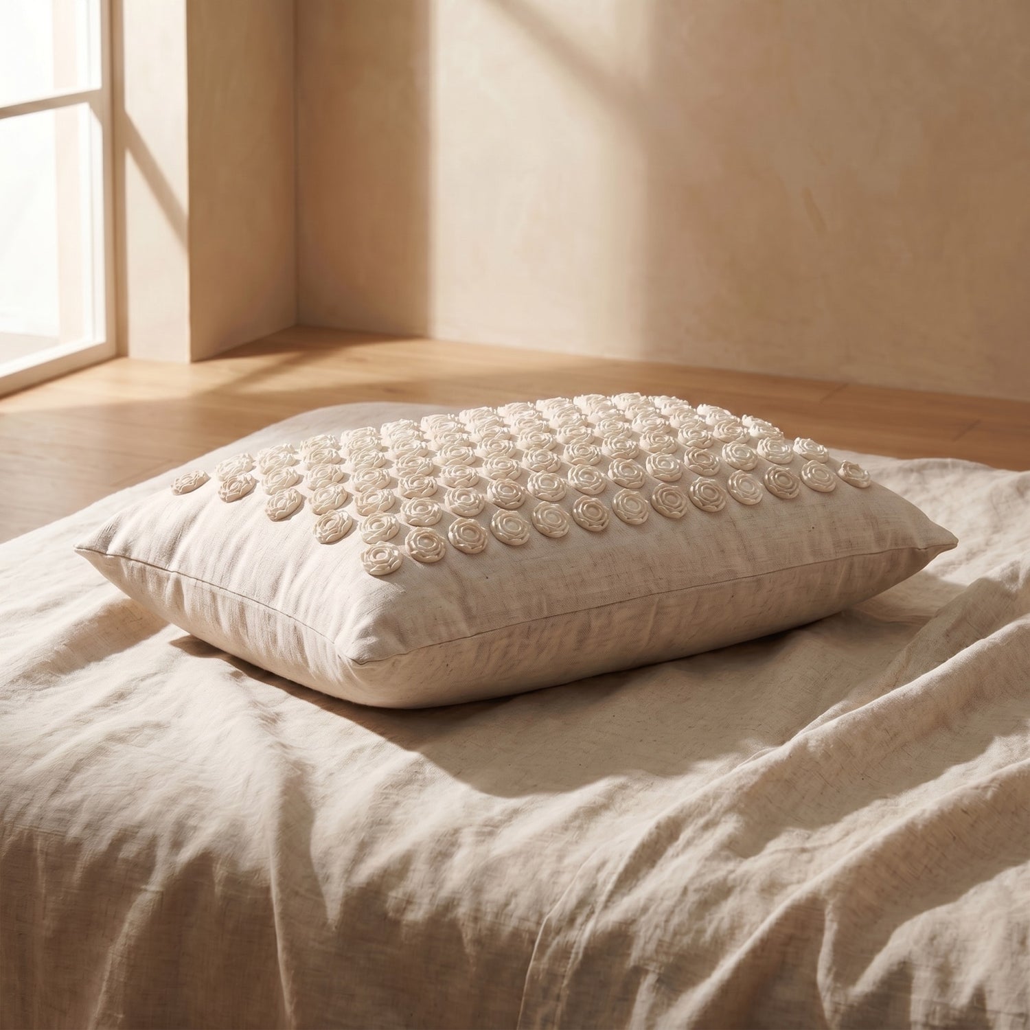 Restora premium acupressure pillow on linen — serene still life